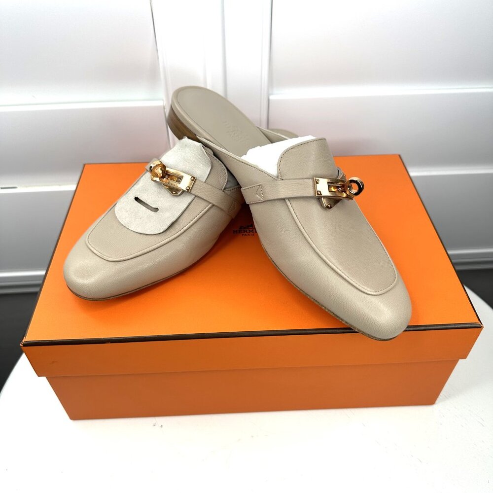 Hermes Oz Beige Calfskin Leather Mule Rose gold